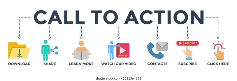 Call to action banner web icon vector illustration concept with icon of download, share, learn more, watch our video, contact us, subscribe, and click here
