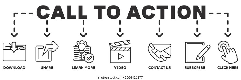 Call to action banner web icon vector illustration concept with icon of download, share, learn more, watch our video, contact us, subscribe, and click here