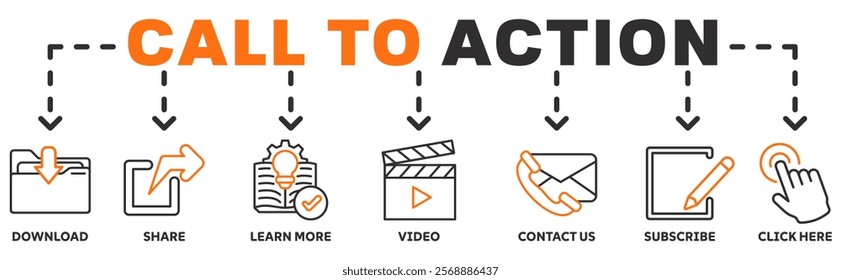 Call to action banner web icon vector illustration concept with icon of download, share, learn more, watch our video, contact us, subscribe, and click here	