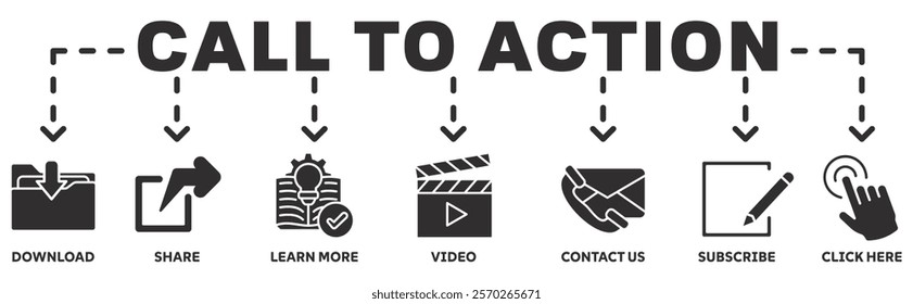 Call to action banner web icon vector illustration concept with icon of download, share, learn more, watch our video, contact us, subscribe, and click here	
