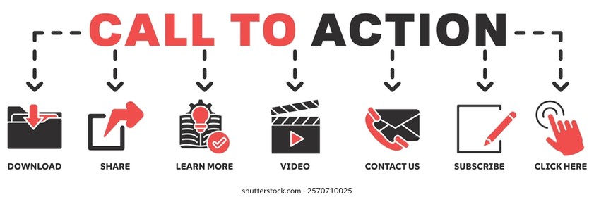 Call to action banner web icon vector illustration concept with icon of download, share, learn more, watch our video, contact us, subscribe, and click here	
