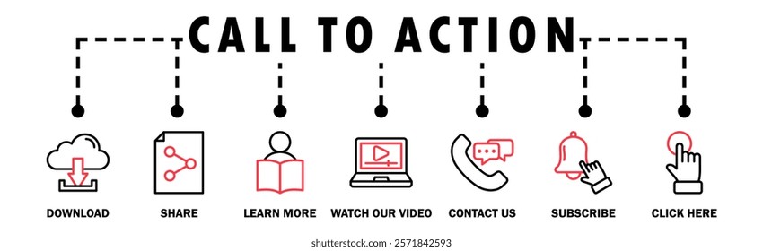 Call to action banner web icon vector illustration concept with icon of download, share, learn more, watch our video, contact us, subscribe, and click here