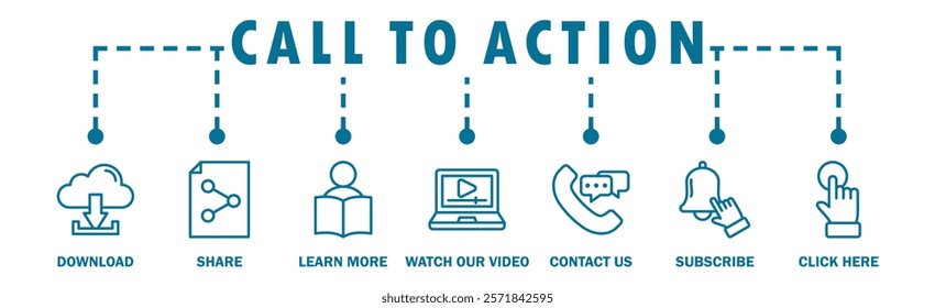 Call to action banner web icon vector illustration concept with icon of download, share, learn more, watch our video, contact us, subscribe, and click here