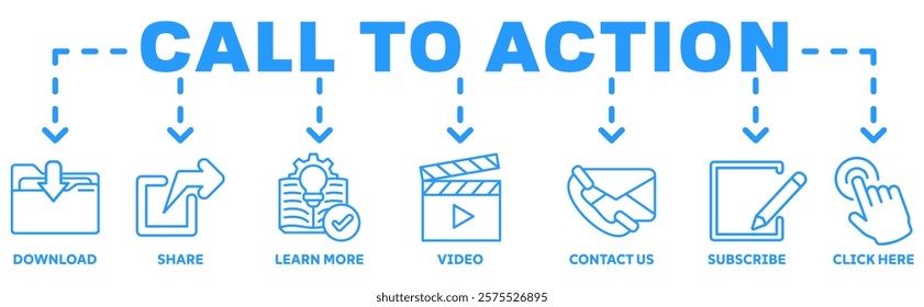 Call to action banner web icon vector illustration concept with icon of download, share, learn more, watch our video, contact us, subscribe, and click here	