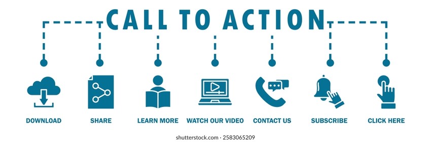 Call to action banner web icon vector illustration concept with icon of download, share, learn more, watch our video, contact us, subscribe, and click here