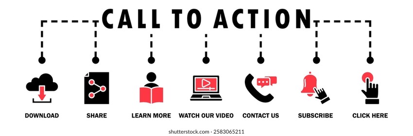Call to action banner web icon vector illustration concept with icon of download, share, learn more, watch our video, contact us, subscribe, and click here
