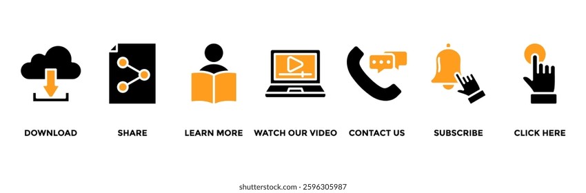 Call to action banner web icon vector illustration concept with icon of download, share, learn more, watch our video, contact us, subscribe, and click here