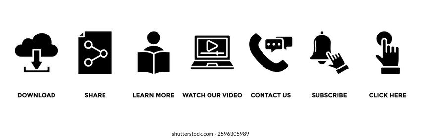 Call to action banner web icon vector illustration concept with icon of download, share, learn more, watch our video, contact us, subscribe, and click here