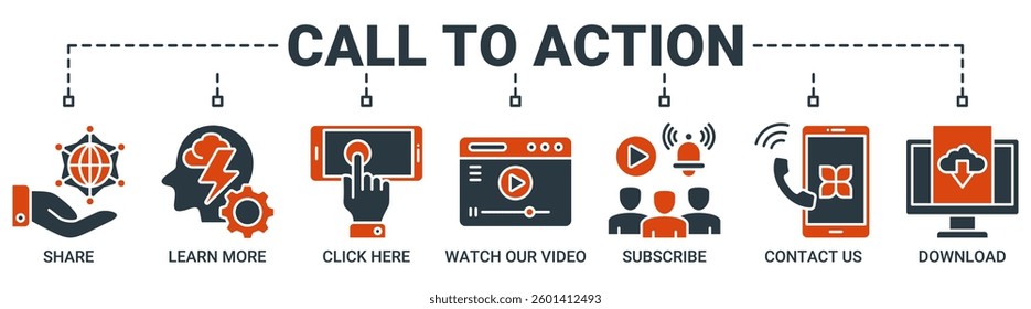 Call to action banner web icon vector illustration concept with icon of share, learn more, click here, watch our video, subscribe, contact us, and download icons. Solid color symbol background.
