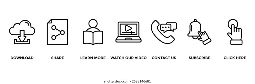 Call to action banner web icon vector illustration concept with icon of download, share, learn more, watch our video, contact us, subscribe, and click here