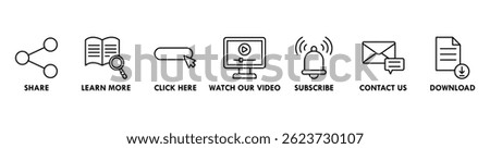 Call to action banner web icon vector illustration concept with icon of share, learn more, click here, watch our video, subscribe, contact us, and download icons