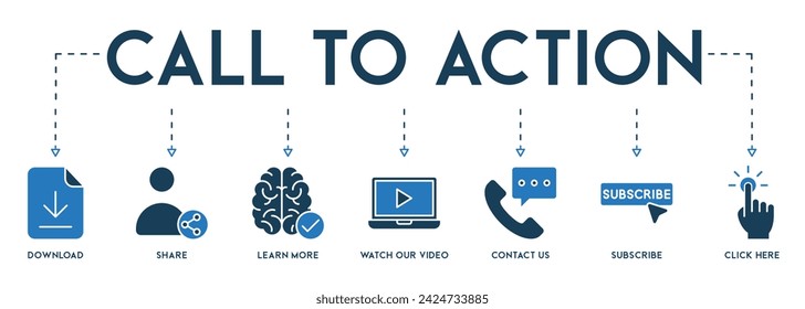 Call to action banner website icon vector illustration concept with icon of download, share, learn more, watch our video, contact us, subscribe, and click here