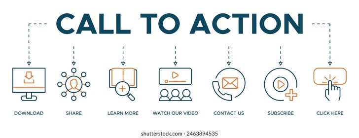 Call to action banner website icon illustration concept with icon of download, share, learn more, watch our video, contact us, subscribe, and click here