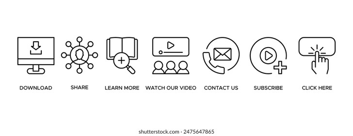 Call to action banner website icon illustration concept with icon of download, share, learn more, watch our video, contact us, subscribe, and click here