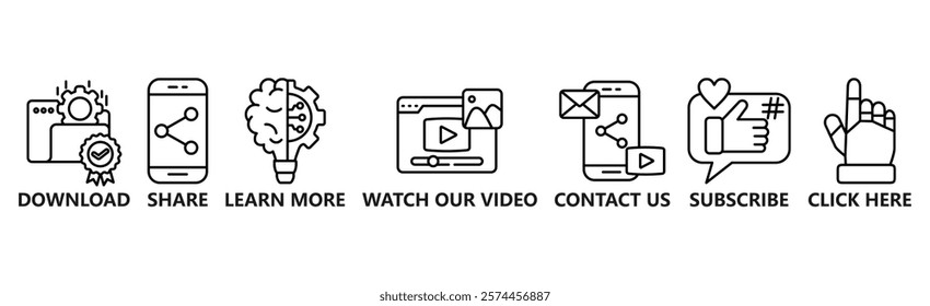Call to action banner website icon vector illustration concept with icon of download, share, learn more, watch our video, contact us, subscribe, and click here 
