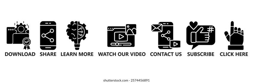 Call to action banner website icon vector illustration concept with icon of download, share, learn more, watch our video, contact us, subscribe, and click here 