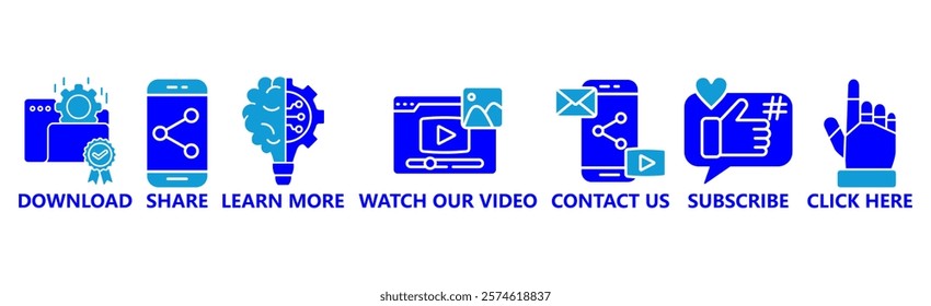 Call to action banner website icon vector illustration concept with icon of download, share, learn more, watch our video, contact us, subscribe, and click here on white background