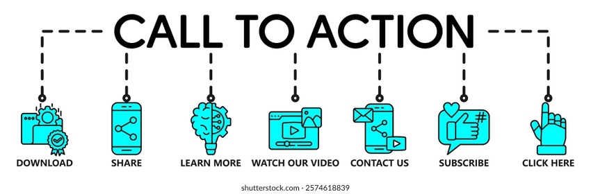 Call to action banner website icon vector illustration concept with icon of download, share, learn more, watch our video, contact us, subscribe, and click here on white background