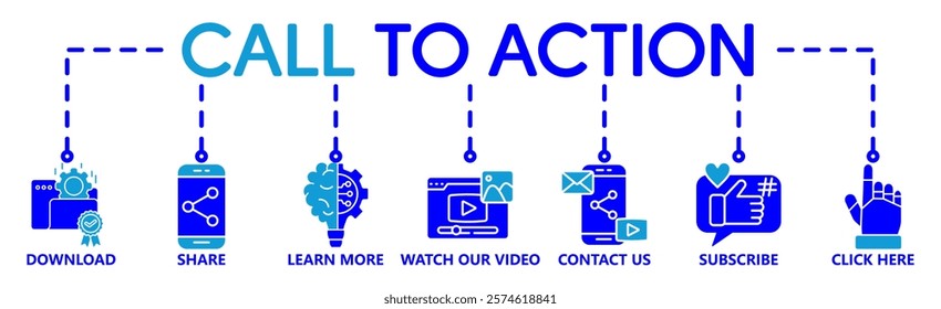 Call to action banner website icon vector illustration concept with icon of download, share, learn more, watch our video, contact us, subscribe, and click here on white background