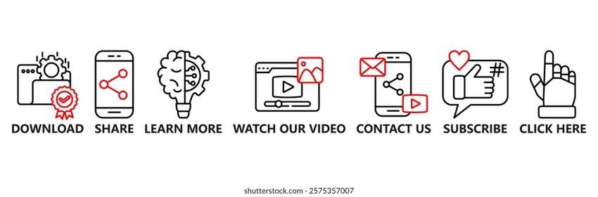 Call to action banner website icon vector illustration concept with icon of download, share, learn more, watch our video, contact us, subscribe, and click here on white background