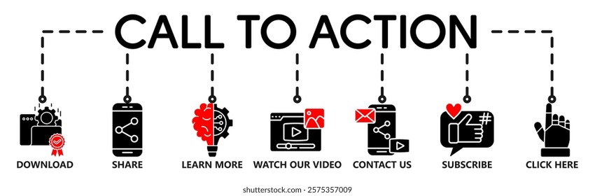 Call to action banner website icon vector illustration concept with icon of download, share, learn more, watch our video, contact us, subscribe, and click here on white background