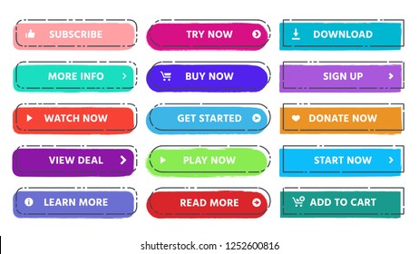 Call to action button. Read more, subscribe and buy now web buttons with vivid colors and grunge textures. Website action button view deal, get started and learn more flat isolated vector set