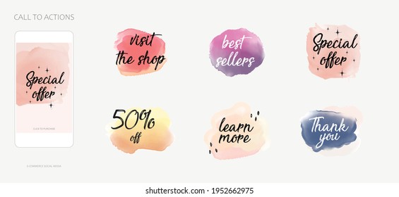 Call To Action Buttons For Social Media Story Post, Email Marketing. Text Visit The Shop, Learn More, Thank You. Watercolor Labels And Stickers For Sale, Product Promotion, Special Offer, Shopping