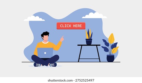 Call to Action Click Here Button with Laptop User – Digital Marketing CTA Flat Vector Illustration