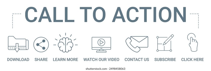 Call To Action Concept Banner-Symbol enthält Download, teilen, erfahren Sie mehr, sehen Sie sich unser Video an, kontaktieren Sie uns, abonnieren Sie und klicken Sie hier Vektorgrafik