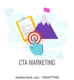 Call to action, CTA Marketing Symbol. Gezielte Maßnahmen. Hand drückt die Zieltaste. Inbound und Outbound Marketing. Digitale Werbung und Werbung. Flache Vektorgrafik.