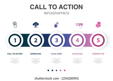 Call To Action, download, click here, subscribe, contact us, icons Infographic design layout template. Creative presentation concept with 5 steps