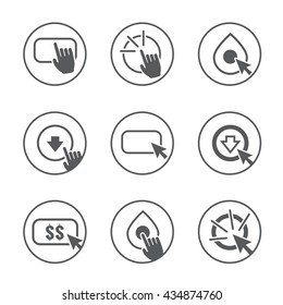 Call to Action Icon Graphics with Buttons, Clicking Hand and Pointers, and Dollar Signs