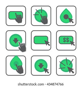 Call to Action Icon Graphics with Buttons, Clicking Hand and Pointers, and Dollar Signs