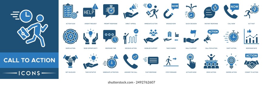 Call to Action icon. Action Plan, Urgent Request, Prompt Response, Direct Appeal, Immediate Action, Engage Now, Quick Decision and Instant Response