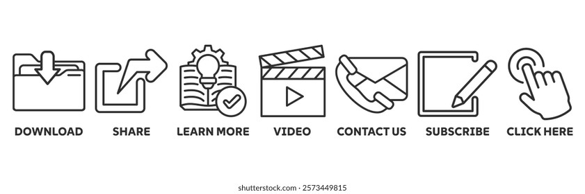 Call to action icon set illustration concept with icon of download, share, learn more, watch our video, contact us, subscribe, and click here