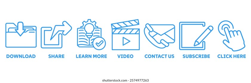 Call to action icon set illustration concept with icon of download, share, learn more, watch our video, contact us, subscribe, and click here