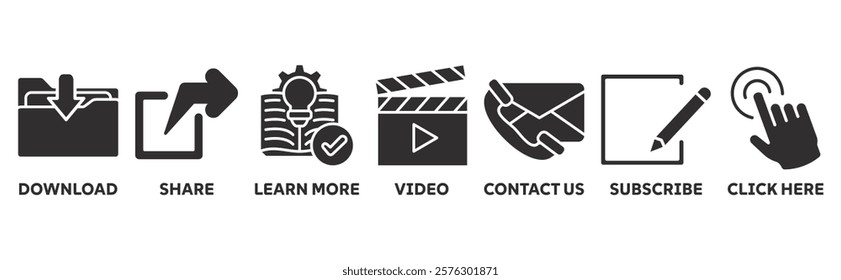 Call to action icon set illustration concept with icon of download, share, learn more, watch our video, contact us, subscribe, and click here