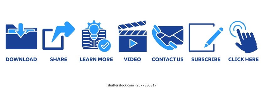 Call to action icon set illustration concept with icon of download, share, learn more, watch our video, contact us, subscribe, and click here