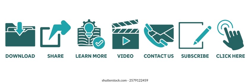 Call to action icon set illustration concept with icon of download, share, learn more, watch our video, contact us, subscribe, and click here