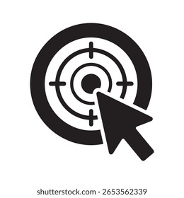 Ícone de plano de ação com destino e cursor para campanha de marketing digital e objetivo de taxa de cliques alcançando objetivo de negócios específico ícone de glifo sólido de vetor online