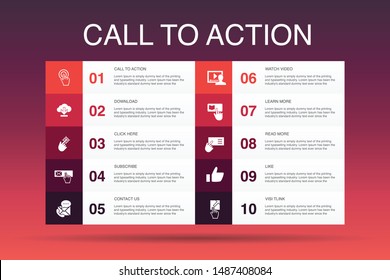 Call To Action Infographic 10 option template. download, click here, subscribe, contact us simple icons