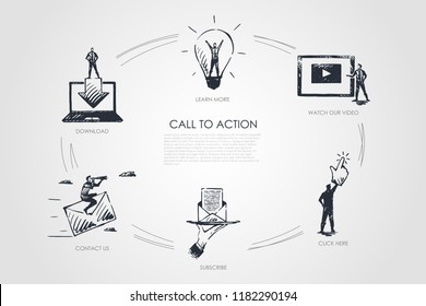 Call To Action, Learn More, Watch Our Video, Click Here, Subscribe, Contact Us Vector Set