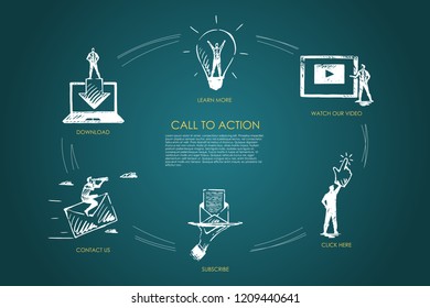 Call To Action, Learn More, Watch Our Video, Click Here, Subscribe, Contact Us Vector Set