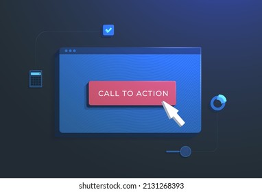Concepto de marketing de llamadas a la acción con la ventana del navegador y el botón del sitio web haciendo clic en el cursor del ratón