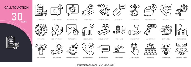 Call to action related icon collections. Containing button, click, tap, link, prompt, banner, website, subscribe, buy, and sign-up icons. Outline icons.
