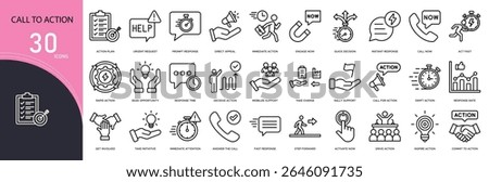 Call to action related icon collections. Containing button, click, tap, link, prompt, banner, website, subscribe, buy, and sign-up icons. Outline icons.
