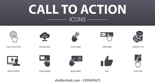 Juego de iconos de concepto simple de Call To Action. Contiene iconos como descargar, hacer clic aquí, suscribirse, ponerse en contacto con nosotros y más, puede ser usado para web, logo, UI/UX