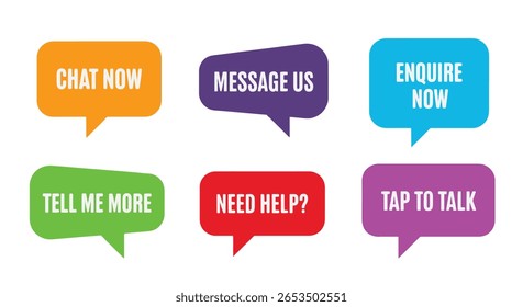 Juego de iconos de burbuja de discurso de llamada a la acción. Iconos planos modernos del vector para el diseño de la interfaz de usuario del chat, de la Asistencia, del mensaje, y del Sitio web