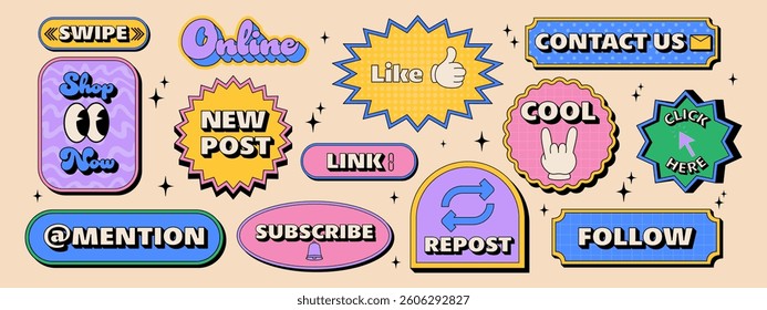 Call to action stickers. Modern action labels in trendy retro style. Y2k aesthetic