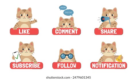 Call to action stickers for social networks with cute cat character. Like, comment, share, subscribe, follow, notification. Red buttons with animal. Vector illustration isolated on white background